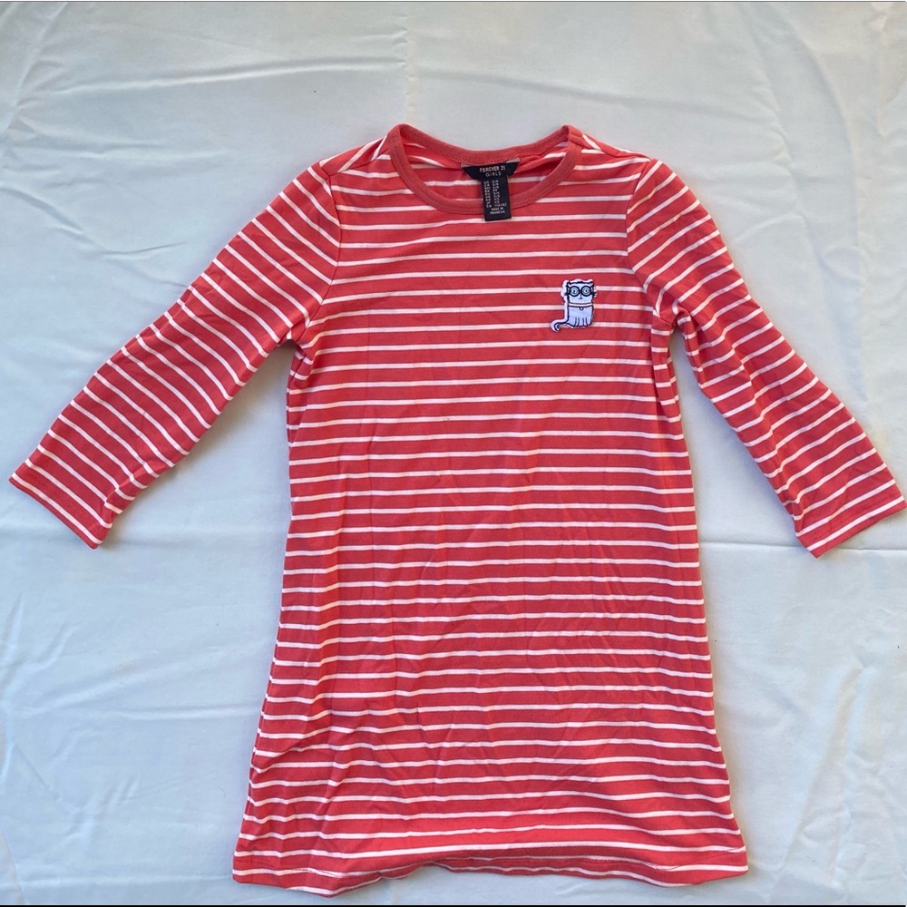 Forever 21 Girls Orange and White Striped Patched Cat T-Shirt Dress